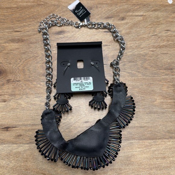 Inc Black Statement Bib Necklace Art Deco Gothic Glam 18" Necklace With Earrings - Picture 5 of 6